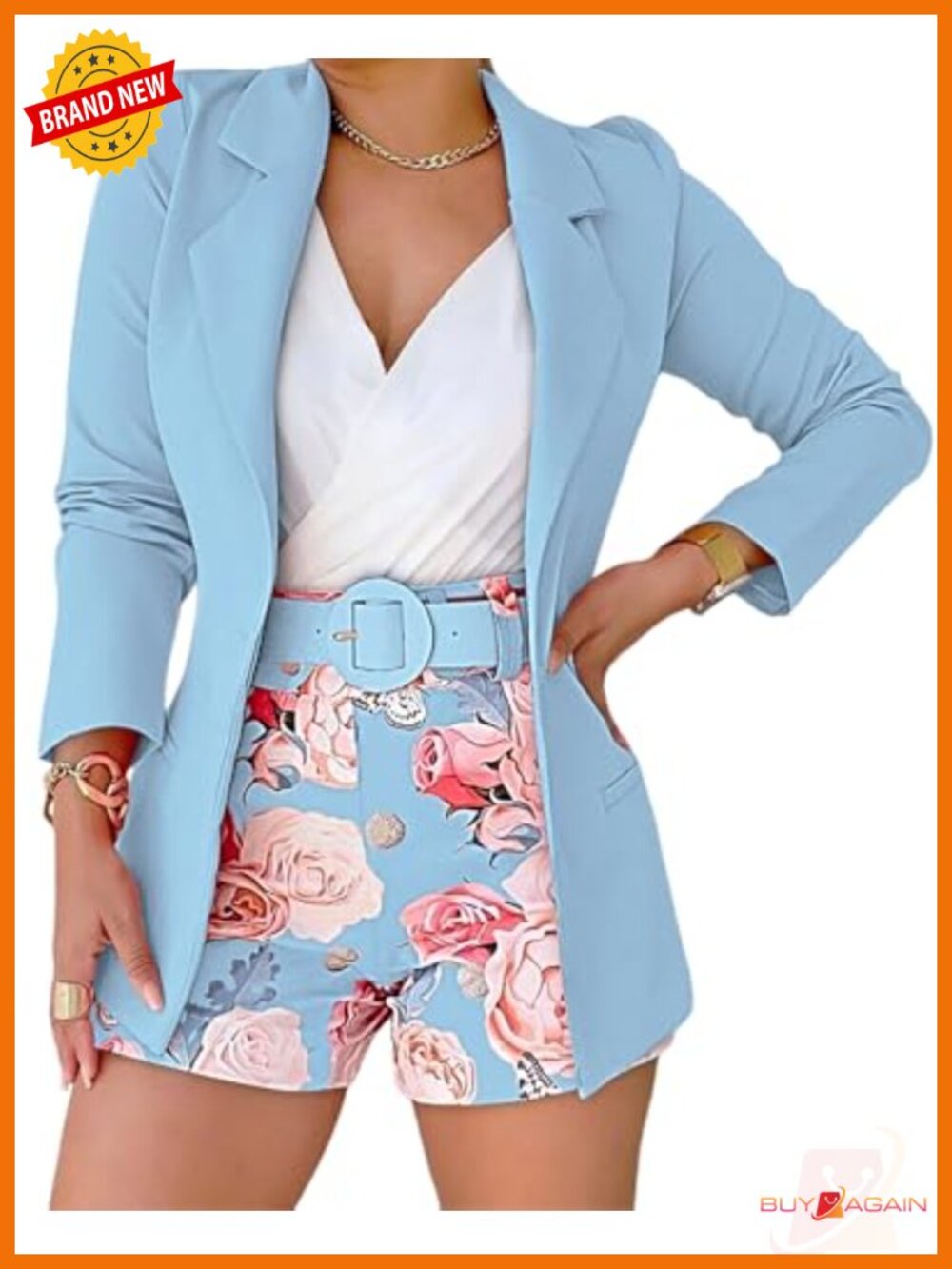 Women's 2 Piece Blazer Set with Floral Print Shorts and Belt